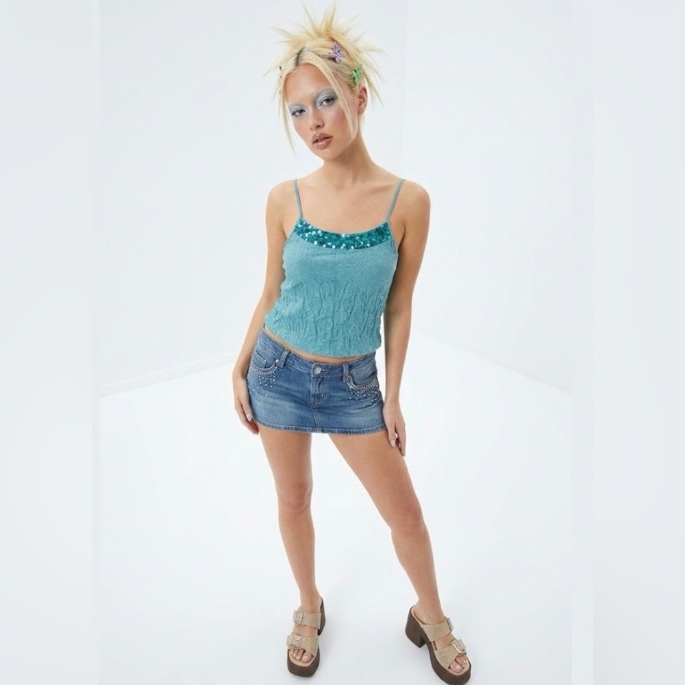 Crinkle Fabric Cami Tank Sequin Pastel Blue Large Streetwear Society Y2K Vintage